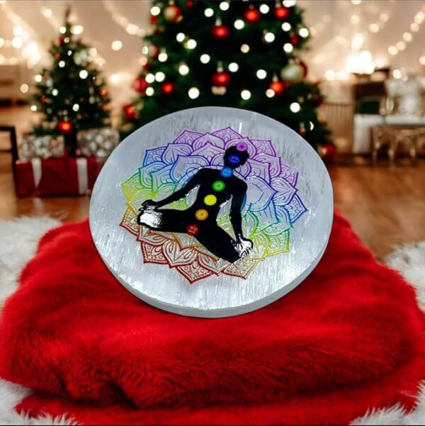 Chakra Round Natural Engraved Selenite Crystal Charging Plate - Image 3