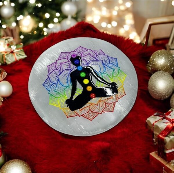 Chakra Round Natural Engraved Selenite Crystal Charging Plate - Image 2