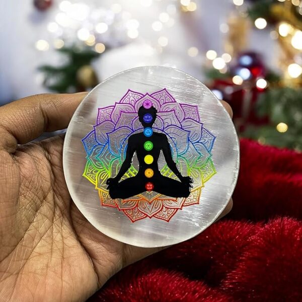 Chakra Round Natural Engraved Selenite Crystal Charging Plate - Image 4